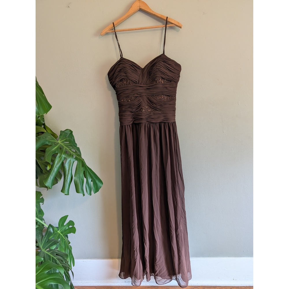 Vtg Y2K Brown Beaded Ruched Chiffon Maxi Dress Prom Formal Removable Straps M